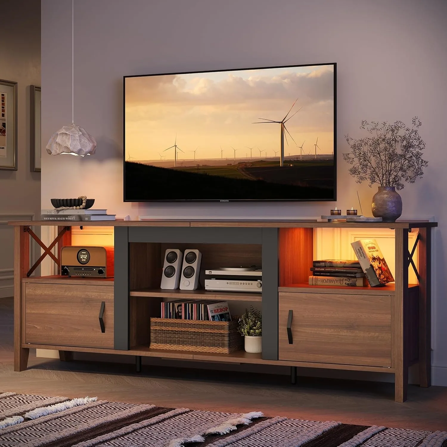 Farmhouse TV Stand for 70 inch - Gaming Console Room avaliação e preço