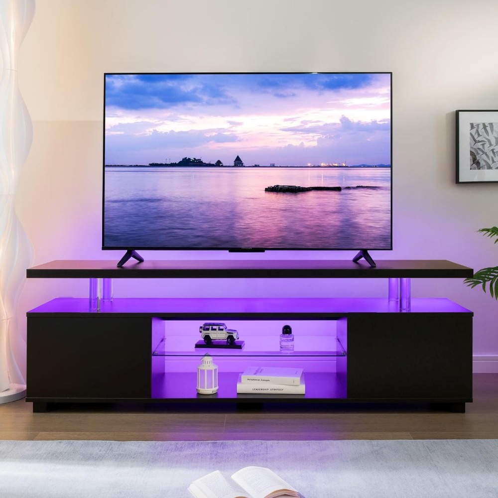 Black TV Stand with LED Lights - Gaming Console Room avaliação e preço