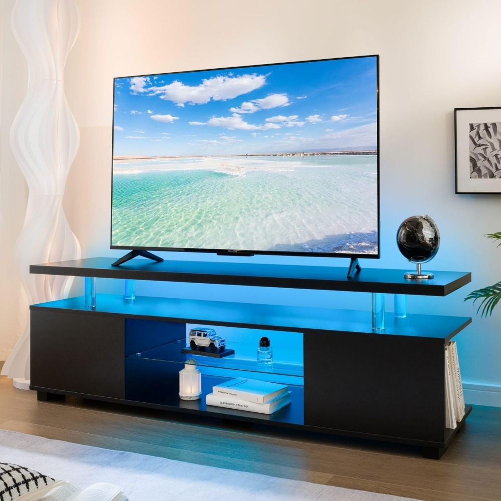 Black TV Stand with LED Lights - Gaming Console Room avaliação e preço