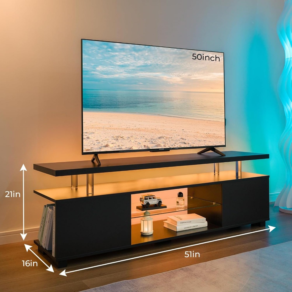 Black TV Stand with LED Lights - Gaming Console Room avaliação e preço