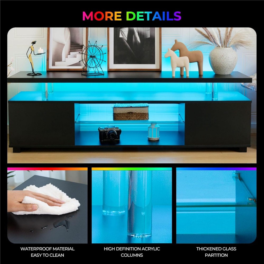 Black TV Stand with LED Lights - Gaming Console Room avaliação e preço